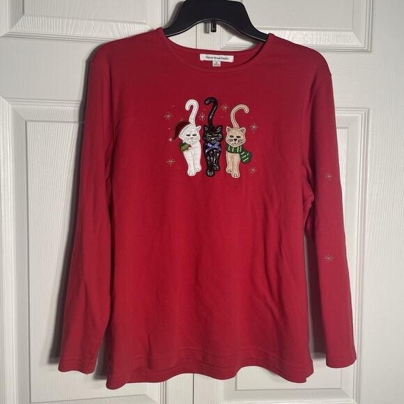 Mercer Street Studio Shirt Women Extra Large Red Christmas Cats Applique Holiday - Picture 1 of 13